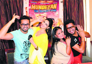 Star cast of Punjabi movie Mundeyan to Bachke Rahi during the promotion of the film in Amritsar on Tuesday. 