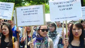 People from the Northeast protest outside the Bar Council of India building in New Delhi on Tuesday