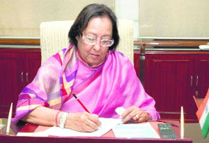 Najma A. Heptulla takes charge as Union Minister for Minority Affairs at her office in New Delhi on Tuesday.