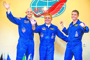 International Space Station crew members (L-R) Alexander Gerst of Germany, Maxim Surayev of Russia and Reid Wiseman of the US at Baikonur cosmodrome on Tuesday. The crew is scheduled to travel to the International Space Station on May 29