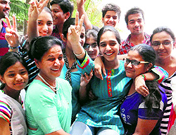 students of RB DAV School in a jubilant mood after the declaration of Class XII results in Bathinda on Wednesday