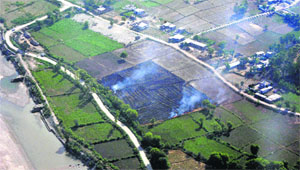 An aerial view of burning of wheat straw in fields by farmers in Jammu and Kashmir. 