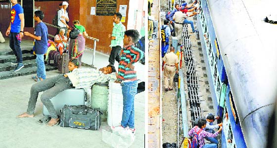 A man rests on his luggage; and (right) passengers board a train from the wrong side at the Ludhiana railway station
