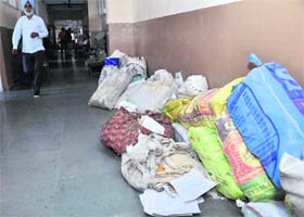 Records of the Education Department lie in the open at the District Education Office in Bathinda on Thursday