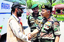 A panchayat member being welcomed in Jammu after his return from a tour on Thursday