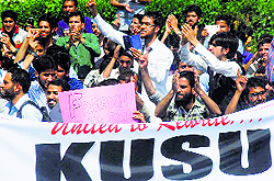 University of Kashmiri students hold a protest on Thursday to demand justice for the Shopian victims