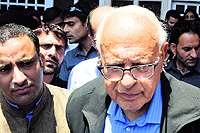 National Conference president Farooq Abdullah talks to mediapersons in Srinagar on Thursday