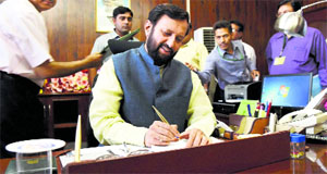 Prakash Javadekar takes charge as the Minister of State (independent charge) for Environment & Forests in New Delhi on Thursday.