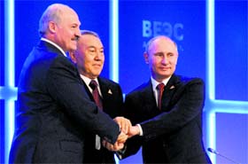 (From right): Russian President Vladimir Putin, Kazakh President Nursultan Nazarbayev and Belarusian President Alexander Lukashenko in Astana on Thursday