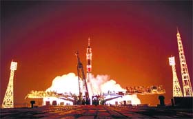 The Soyuz TMA-13M spacecraft carrying the International Space Station crew of Alexander Gerst of Germany, Maxim Suraev of Russia and Reid Wiseman of the US blasts off from the Baikonur cosmodrome on Thursday