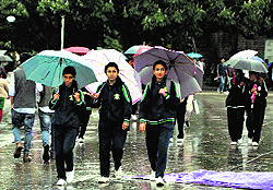Schoolchildren out with their umbrellas as it rained in Shimla on Friday