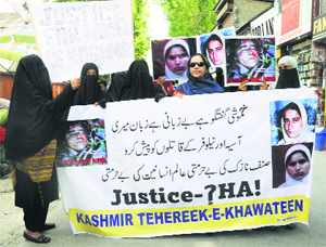 Kashmir Tehereek-e-Khawateen stages a protest in Shopian district on Friday.