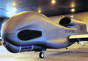 An advanced Global Hawk surveillance drone is displayed outside its hangar at Misawa Air Base in northern Japan.