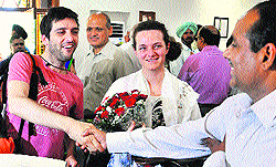 An employee receives a tourist at a newly inaugurated tourist information centre at Capitol Complex, Sector 1, Chandigarh