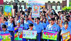 Students of RIMT World School, Mani Majra, hold a rally to mark No-Tobacco Day in Chandigarh on Saturday