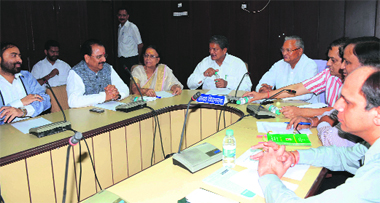 State Assembly Speaker Govind Singh Kunjwal holds a party meeting at Gairsain on Saturday.