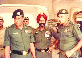 (From left) General Krishnaswami Sundarji, Lt Gen Ranjit Singh Dyal and Lt Gen Kuldip Singh Brar at the Golden Temple complex after the Operation in June 1984