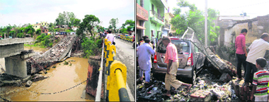 An under construction bridge on the Asan rivulet at Vikas Nagar collapsed following heavy rain; a damaged car at Indresh Nagar in Dehradun on Sunday
