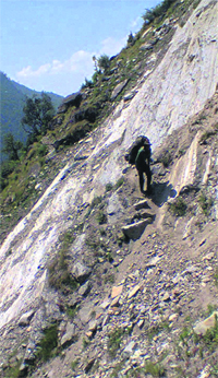 A landslide at Jimighat that blocked the trek route to the Milam glacier in Pithoragarh district.