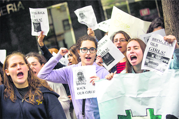 Students from Midreshet Shalhevet High School for Girls protest outside the Nigerian consulate in New York City. They want rescue operations to be speeded up.