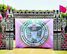 The logo of the newly formed state of Telangana at the parade ground ahead of the celebrations called by TRS, in Secundarabad on Sunday