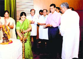 Dheera Khandelwal, Haryana Principal Secretary (Medical Education and Research), lights the ceremonial lamp to mark the sixth foundation day of Pt Bhagwat Dayal Sharma University of Health Sciences at Rohtak on Monday