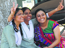 (Right to left) Janak Preet Kaur who stood third in the PSEB Class X exam, Ria who stood first and Mahima who stood second, in Ludhiana on Monday. 