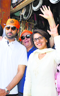 Bollywood actors Abhishek Bachchan, Rishi Kapoor and Neetu Singh at the Golden Temple in Amritsar on Monday. 