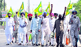 Up in arms: Activists of the Bharatiya Kisan Union stage a protest in Bathinda on Tuesday
