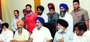 Deputy CM Sukhbir Badal (centre) with senior party members in Chandigarh on Tuesday. 