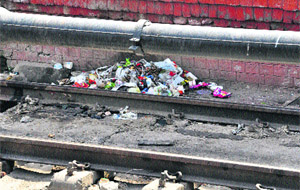 Garbage lying on a railway track at the Bathinda railway station.