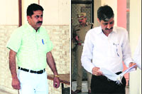 (Left) Doon MLA Ram Kumar Chaudhary at the District Courts in Panchkula on Wednesday; and ACP Virender Sangwan reads a document before entering the courtroom.