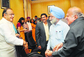 Union Finance Minister Arun Jaitley and agriculture scientist MS Swaminathan during pre-Budget consultations with representatives of the agriculture Sector in New Delhi on Thursday.