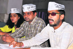 Members of the Aam Aadmi Party address a press conference at Hindi Bhavan in Dehradun on Friday.
