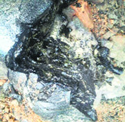 Black chemical comes out of rocks at Darang village near Palampur.