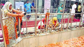 A Kashmiri Hindu migrant offers prayers at Mata Kheer Bhawani Temple on Jyeshta Ashtami in Jammu on Friday.