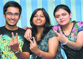 (From left) Vibhu Jain, Anjali Garg and Sanya Sharma in a jubilant mood in Chandigarh on Saturday