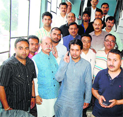 Anurag Thakur (centre) and supporters come out of the  District Courts in Dharamsala on Saturday.