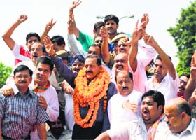Dr Jitendra Singh, MoS in Prime Ministers Office, is felicitated by party leaders during his visit to Jammu on Saturday