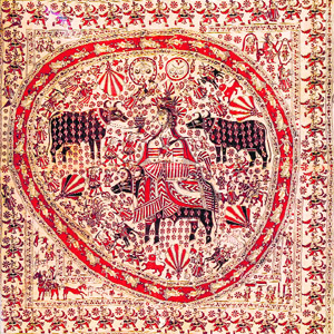 A typical chandarvo with the goddess, Khodiyar. Block printed and painted; 280 x 277 cm.  Gujarat, 20th century 
