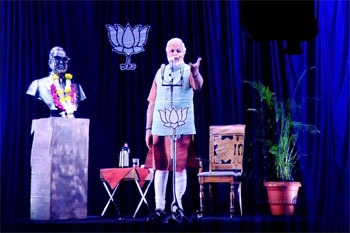 An image of the then BJP prime ministerial candidate Narendra Modi pictured during a live, “3D hologram” telecast in Mumbai