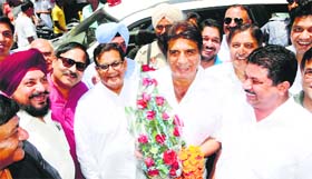 Raj Babbar with party workers in Amritsar on Sunday