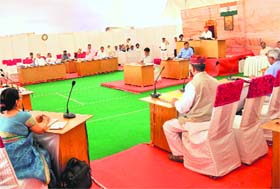 Finance Minister Indira Hridayesh presents the supplementary budget during the Assembly session at Gairsain in Chamoli on Monday