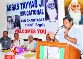 Honour: Founder member of Abbas Tayabji Educational Trust Anil Nauriyal addresses gathering during a programme on the occasion of Abbas Tayyabs death anniversary in Dehradun on Monday