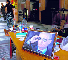 A portrait of Russian President Vladimir Putin is displayed in the hall of a regional administration building occupied by pro-Russian activists in the eastern Ukrainian city of Luhansk.