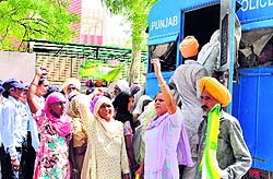 Farmers protest against the arrest of their leaders outside the IGPs office in Bathinda on Tuesday