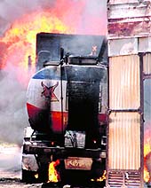 The oil tanker that caught fire at Jassi Pao Wali in Bathinda on Monday