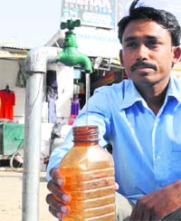 Low water pressure from a tap in Phase 3B-1, Mohali, on Wednesday.