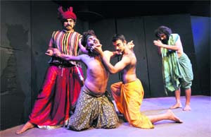 Students of the Department of Indian Theatre, Panjab University, stage a play, “Vasantasena”, directed and designed by Prof Mahendra on the university campus on Thursday.