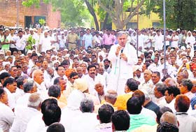 Union Minister of State Rao Inderjit Singh addresses people during a mahapanchayat at Pathreri village in Mewat on Thursday